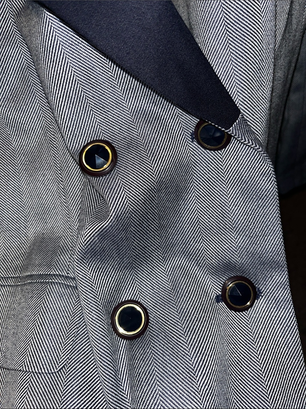 Women's Double-Breasted Blazer in Light Gray with Navy Shawl Collar - Picture 2 of 3